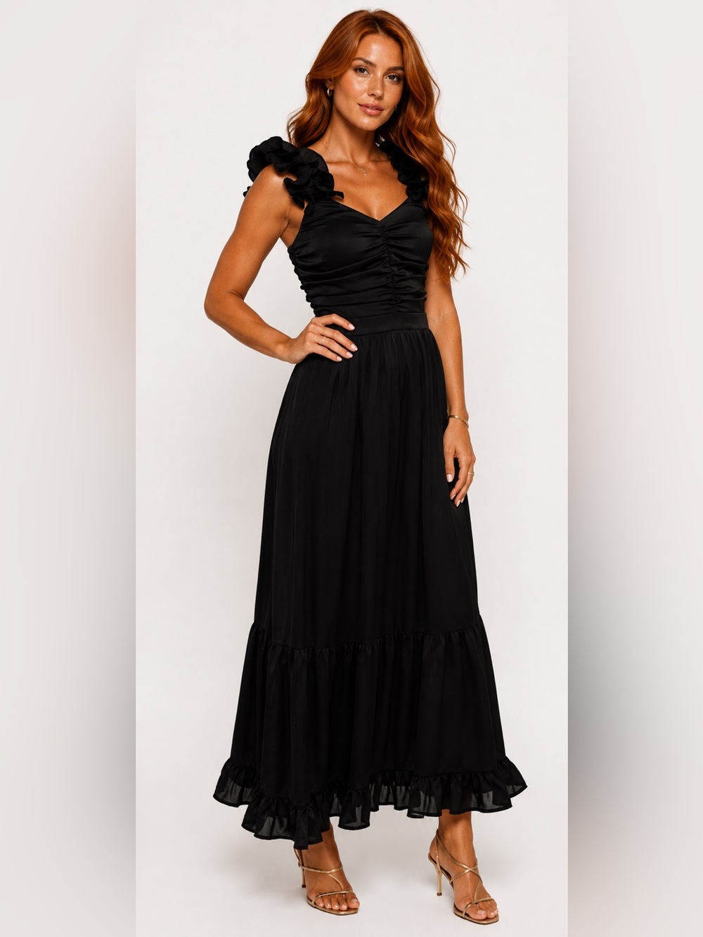 Petal & Pup Black Ruffled Midi Dress